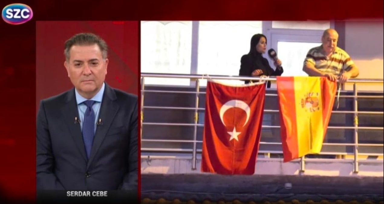 Bayrak asan dayı canlı yayında İspanya Bayrağı astı