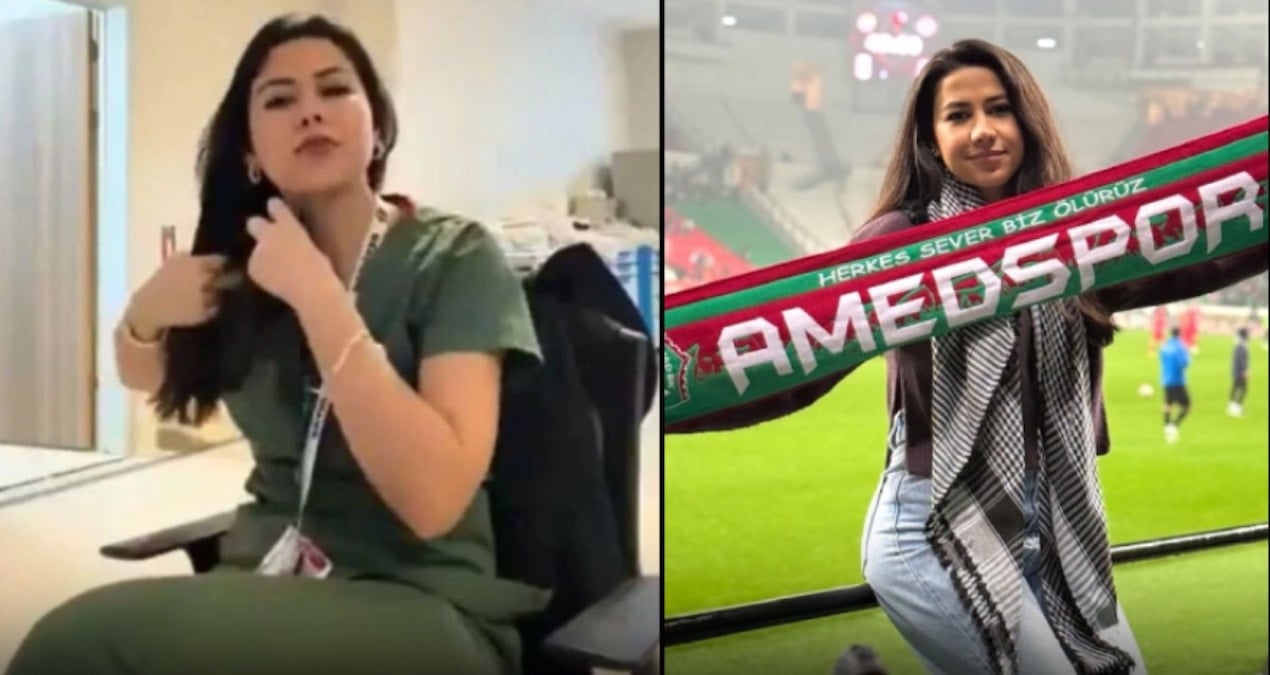 'Saç örme' videosunun ardından görevinden uzaklaştırılan hemşire, Amedspor tribünlerinde kendinden geçti.