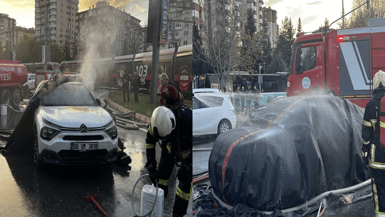 Elektrikli araç yandı: Yangın battaniyesi ile durdu