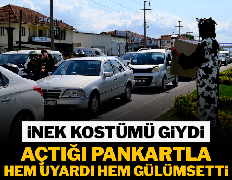 İnek kostümü giydi, açtığı pankartla sürücüleri gülümsetti