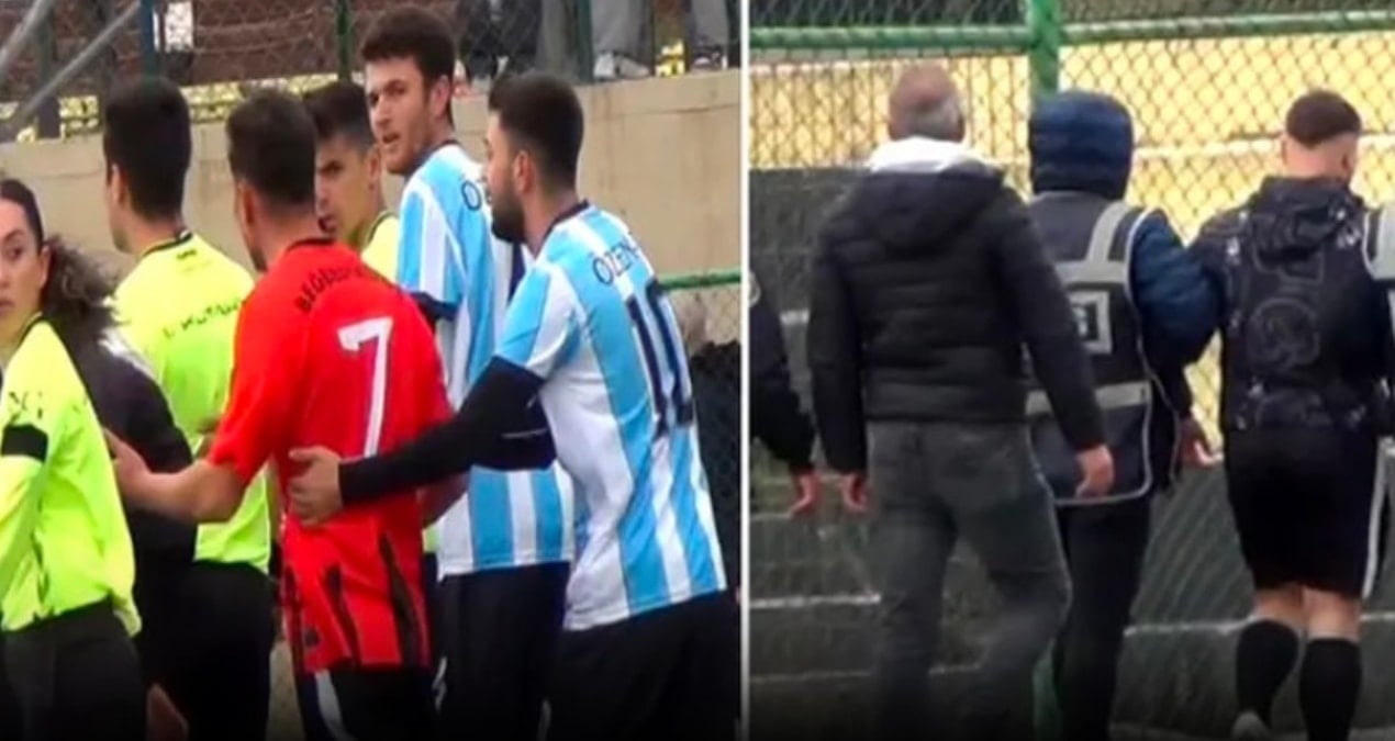 Hakemi yumruklayan futbolcu sahada gözaltına alındı