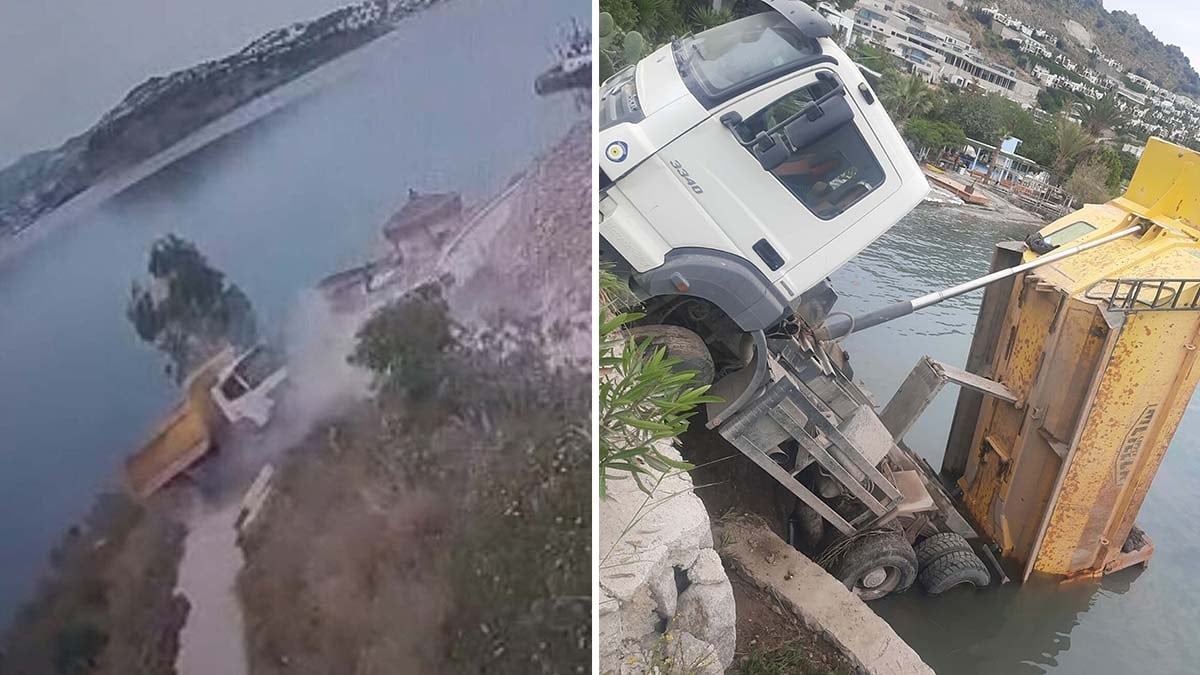Hafriyat kamyonu deniz kıyısında asılı kaldı 