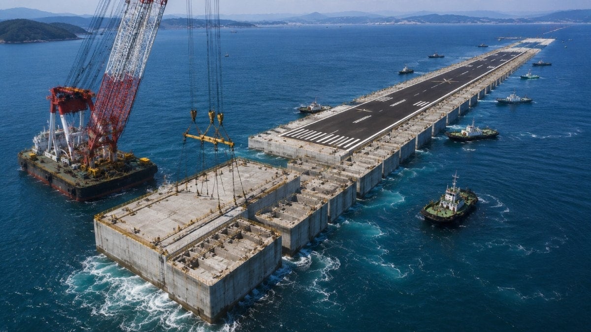 Denizin ortasına havalimanı inşa ediliyor: 16 bin tonluk beton bloklar tek tek suya indirildi
