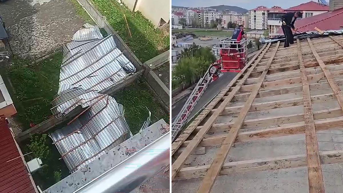 Fırtına çatıyı uçurdu, sac parçaları etrafa savruldu