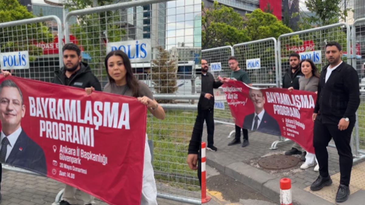 CHP Gençlik Kolları Genel Merkezin girişine Özgür Özel'in bayramlaşma programının pankartını astı
