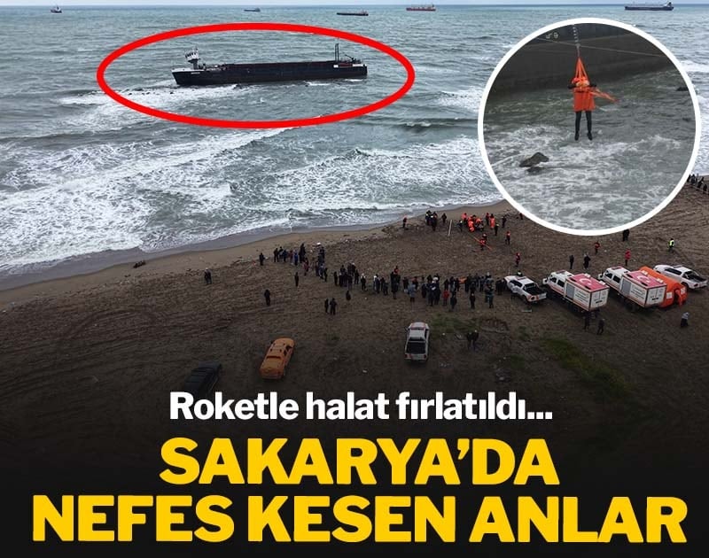 Sakarya'da nefes kesen anlar! Karadan gemiye roketle halat fırlatıldı