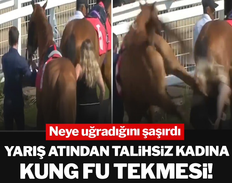 Yarış atından talihsiz kadına kung-fu tekmesi! Neye uğradığını şaşırdı