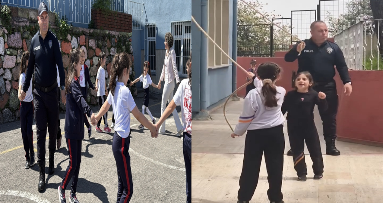 Zonguldak'ta görevli polis memuru teneffüste öğrencilerle ip atladı