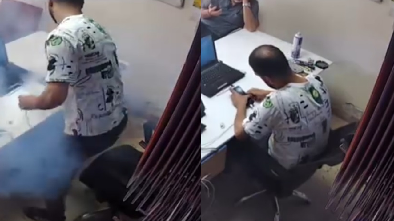 Tamir ettiği telefonun bataryası patladı! Korkutan anlar kamerada