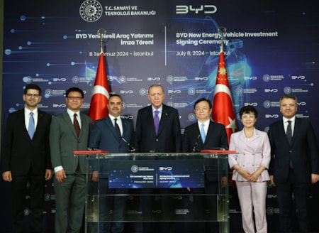 Bakan Kacır 16 ay önce 'hızla ilerliyor' demişti! Yine kandırıldık...Manisa’da 1 milyar dolarlık yatırım planını askıya aldığını açıklayan Çinli otomotiv üreticisi BYD’ye tanınan gümrük vergisi muafiyetinin Türkiye'ye maliyeti belli oldu. Öte yandan Sanayi Bakanı Kacır'ın Şubat 2025'te katıldığı bir