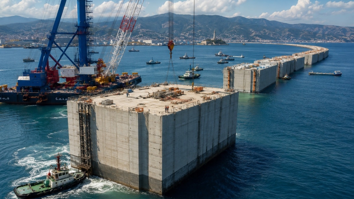 67 metrelik dev beton bloklar tek tek denize indiriliyor