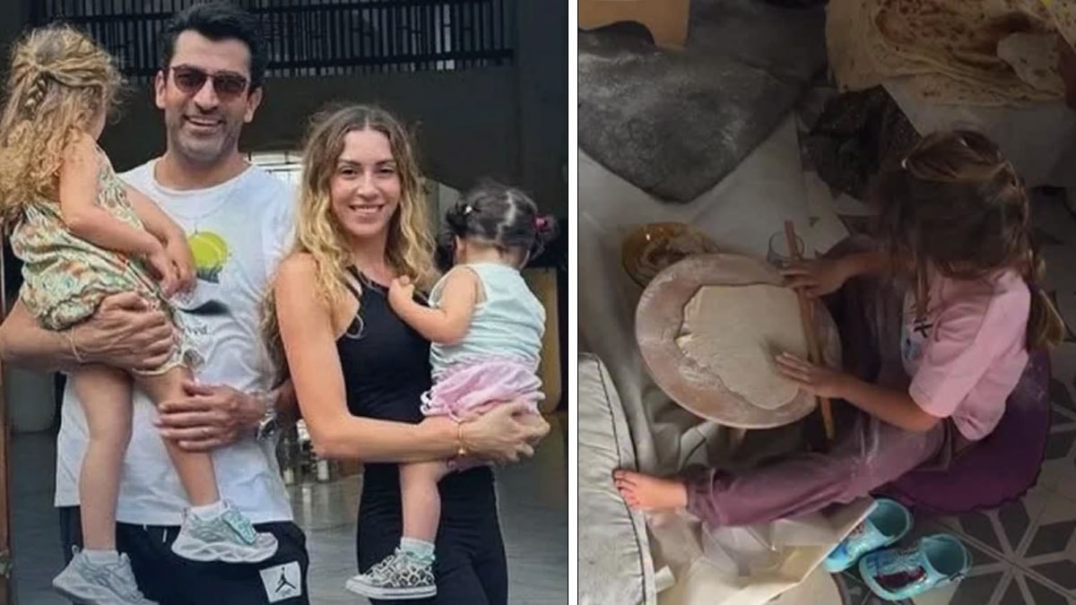 Sinem Kobal ve kızı köy hayatını deneyimledi: Minik Lalin merdaneyle yufka açtı