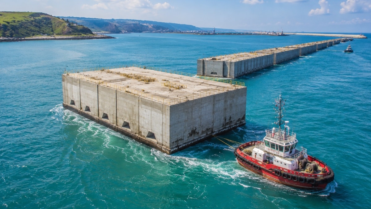 Tonlarca ağırlıktaki beton bloklar denizde yüzerek ilerliyor