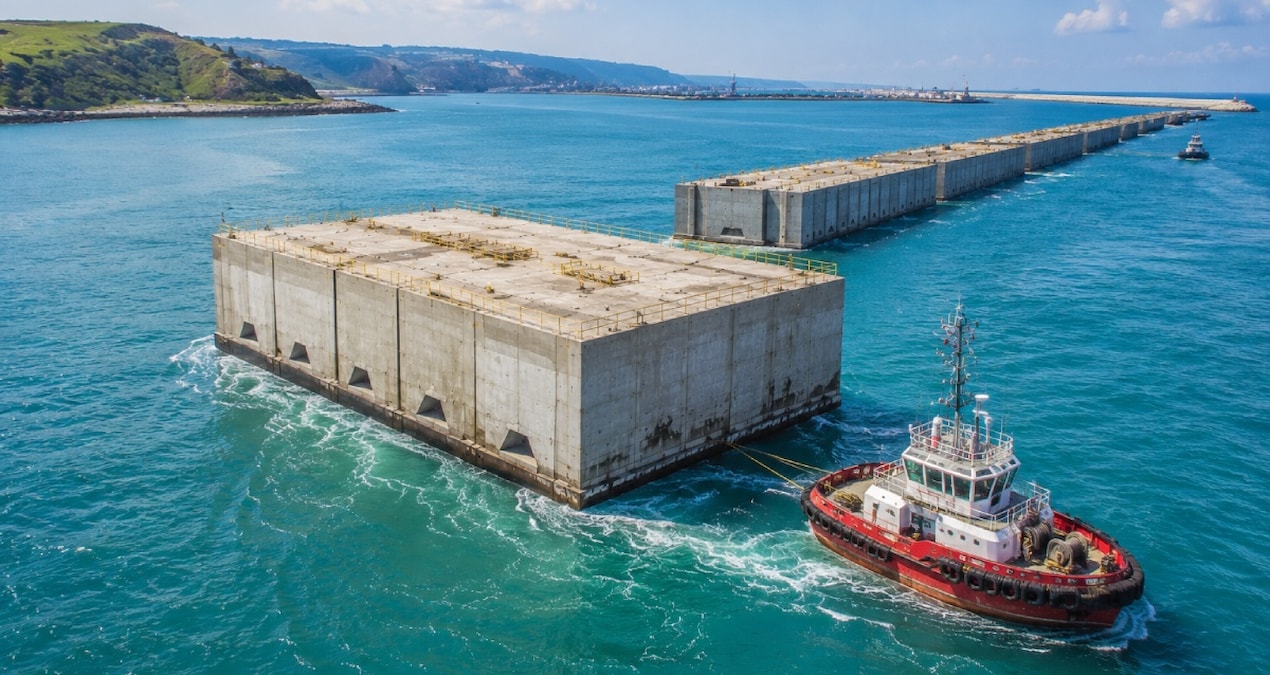 Tonlarca ağırlıktaki beton bloklar denizde yüzerek ilerliyor