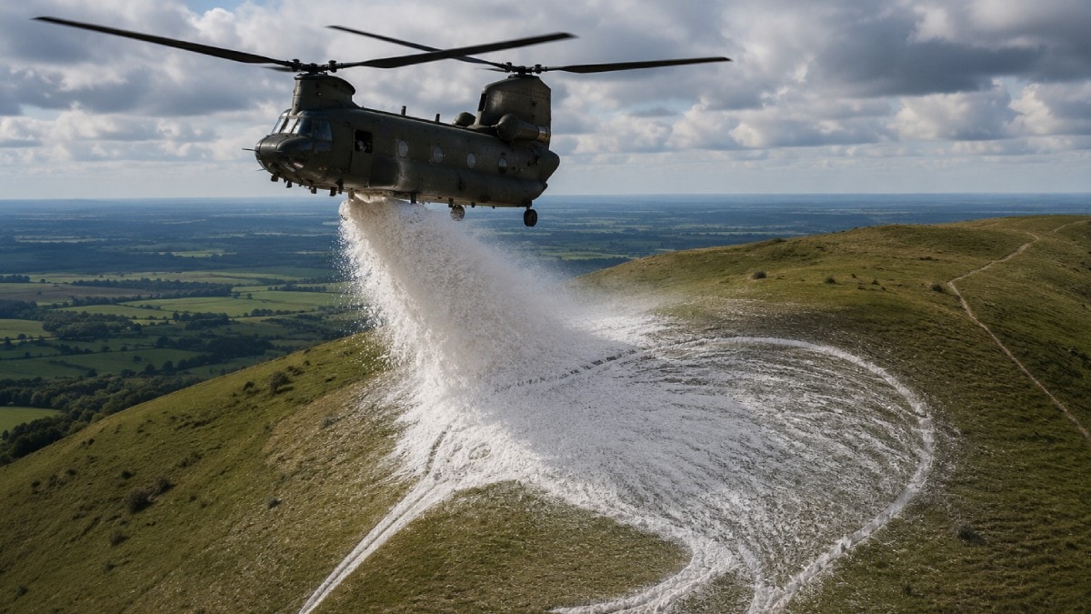 Askeri helikopter tepenin üzerine tonlarca tebeşir bıraktı