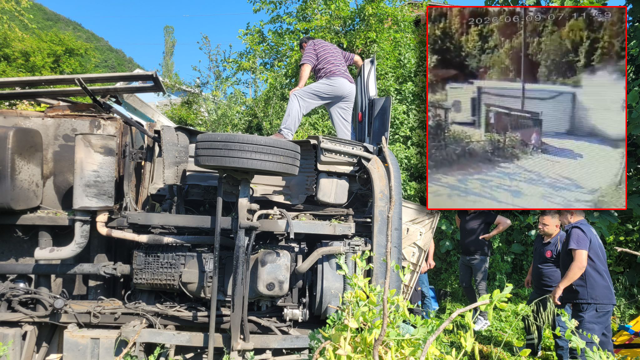 Freni boşalan kamyon devrildi, okula giden çocuk ölümden metrelerle kurtuldu