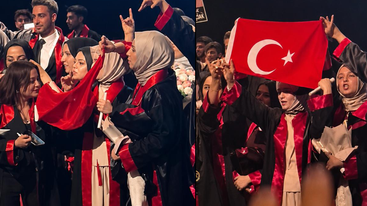 Hukuk fakültesi mezuniyetinde Türk bayrağı açan kızları yuhaladılar!