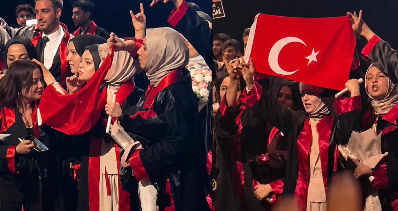Hukuk fakültesi mezuniyetinde Türk bayrağı açan kızları yuhaladılar!