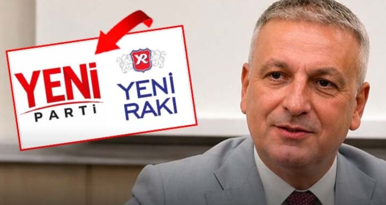 Gri takım elbiseli bir kişinin fotoğrafı ile YENİ Parti ve Yeni Rakı logolarının yer aldığı kolaj
