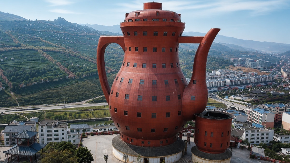 Şehrin ortasına dev bir çaydanlık kondurdular