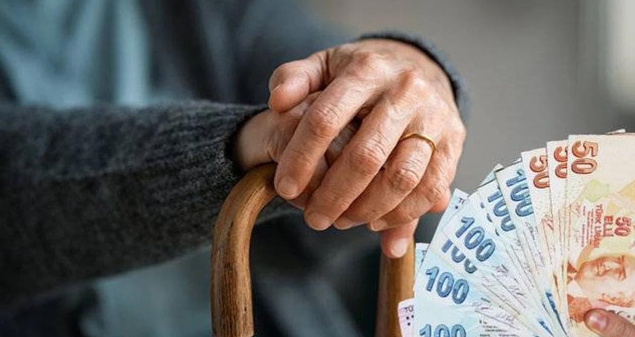 Ahşap bastona dayanan yaşlı bir el ve yanında yelpaze gibi tutulan Türk lirası banknotları
