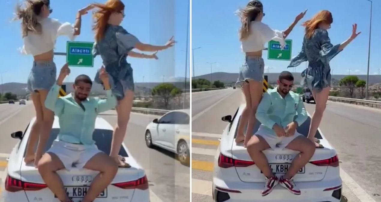 Otoyolda otomobilin üzerinde dans ettiler, jandarma harekete geçti