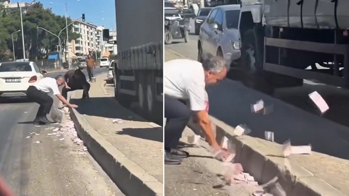 Trafikte ilginç anlar! Çuval patladı paralar yola saçıldı