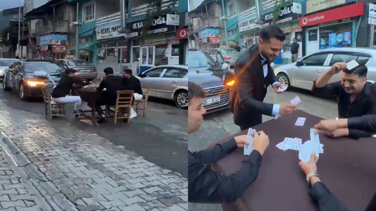 Harçlık için gelin arabasının önünü kesip, yolun ortasında iskambil oynadılar