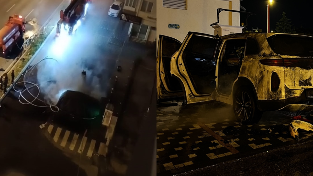 Şarj istasyonunda elektrikli otomobil kül oldu