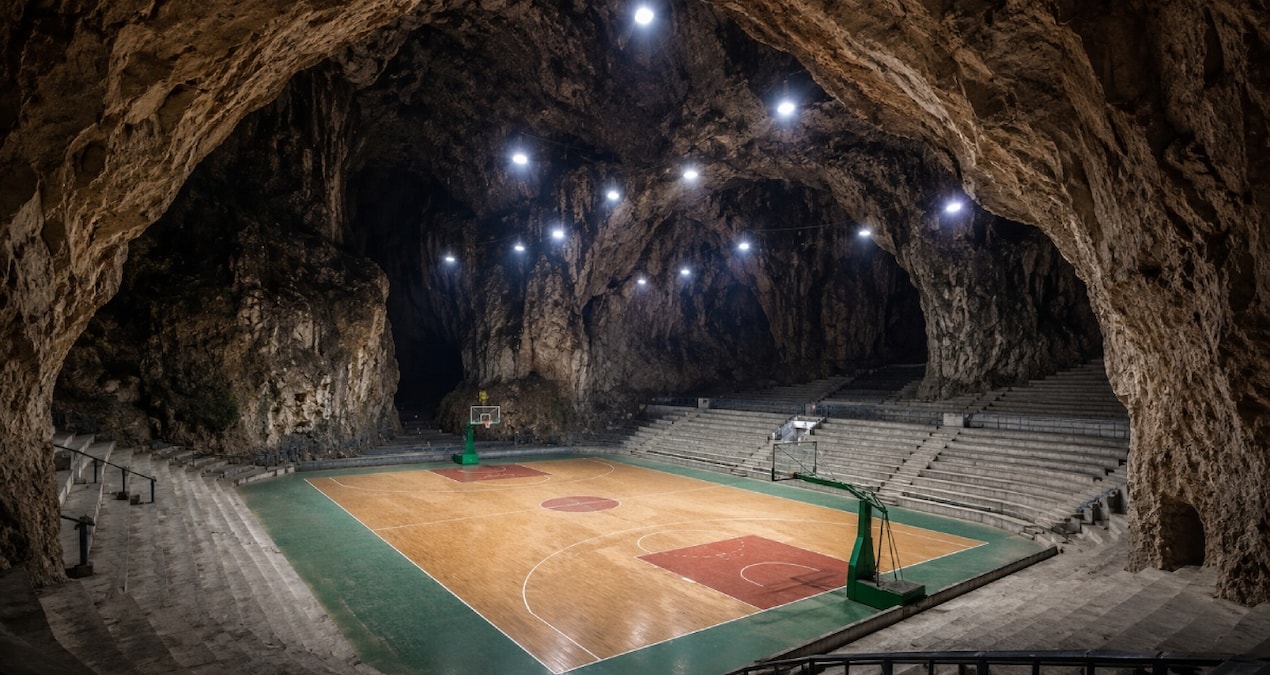 Mağaranın içini oyup basketbol sahası yaptılar