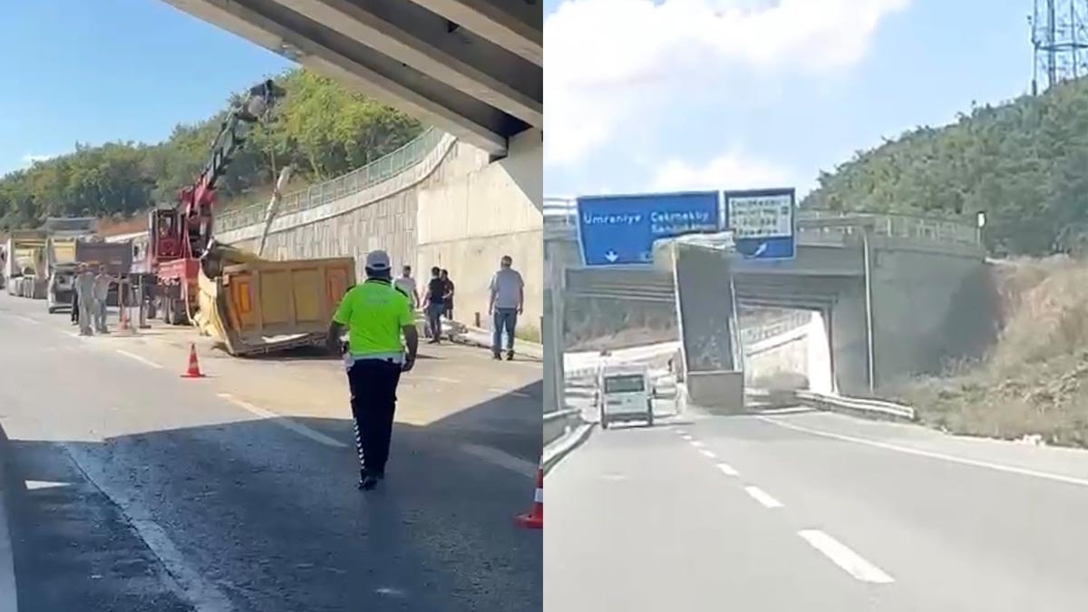Çekmeköy’de hafriyat kamyonunun dorsesi üst geçide çarptı