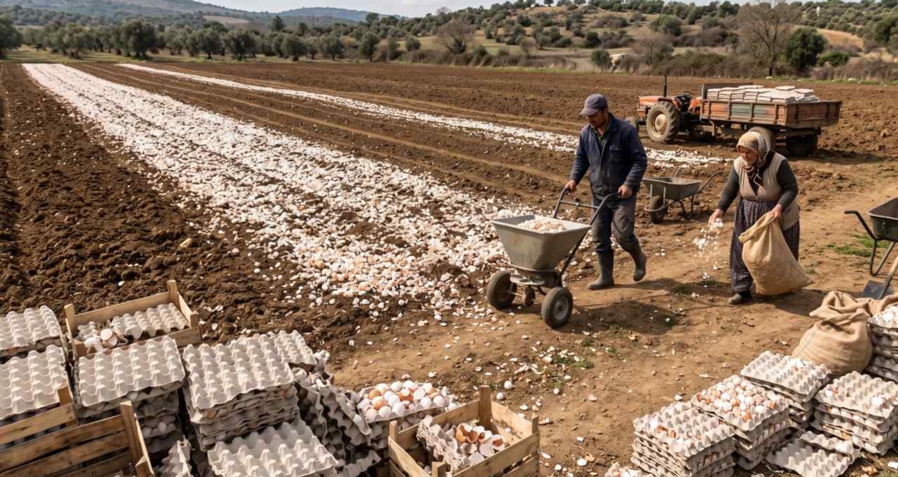Tarlalara 25 bin koli yumurta kabuğu serpmeye başladılar