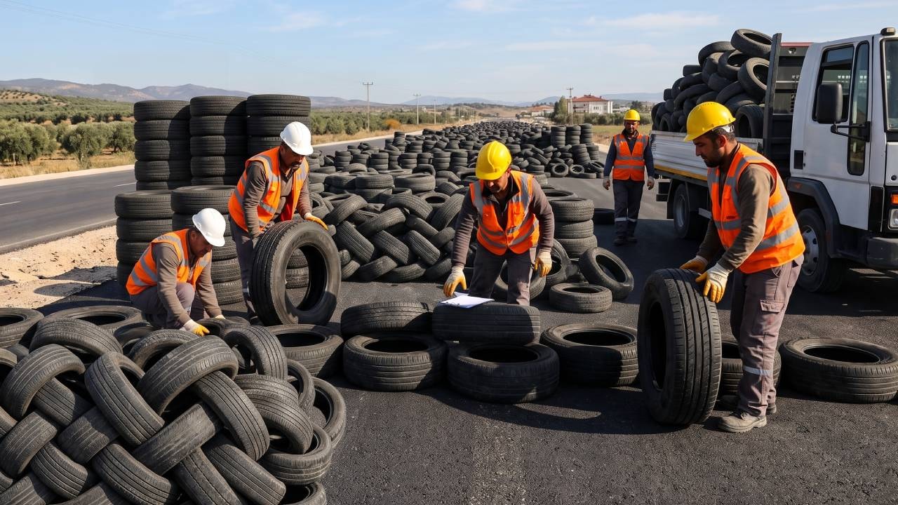 Yollara asfalt yerine 20 bin lastik sermeye başladılar